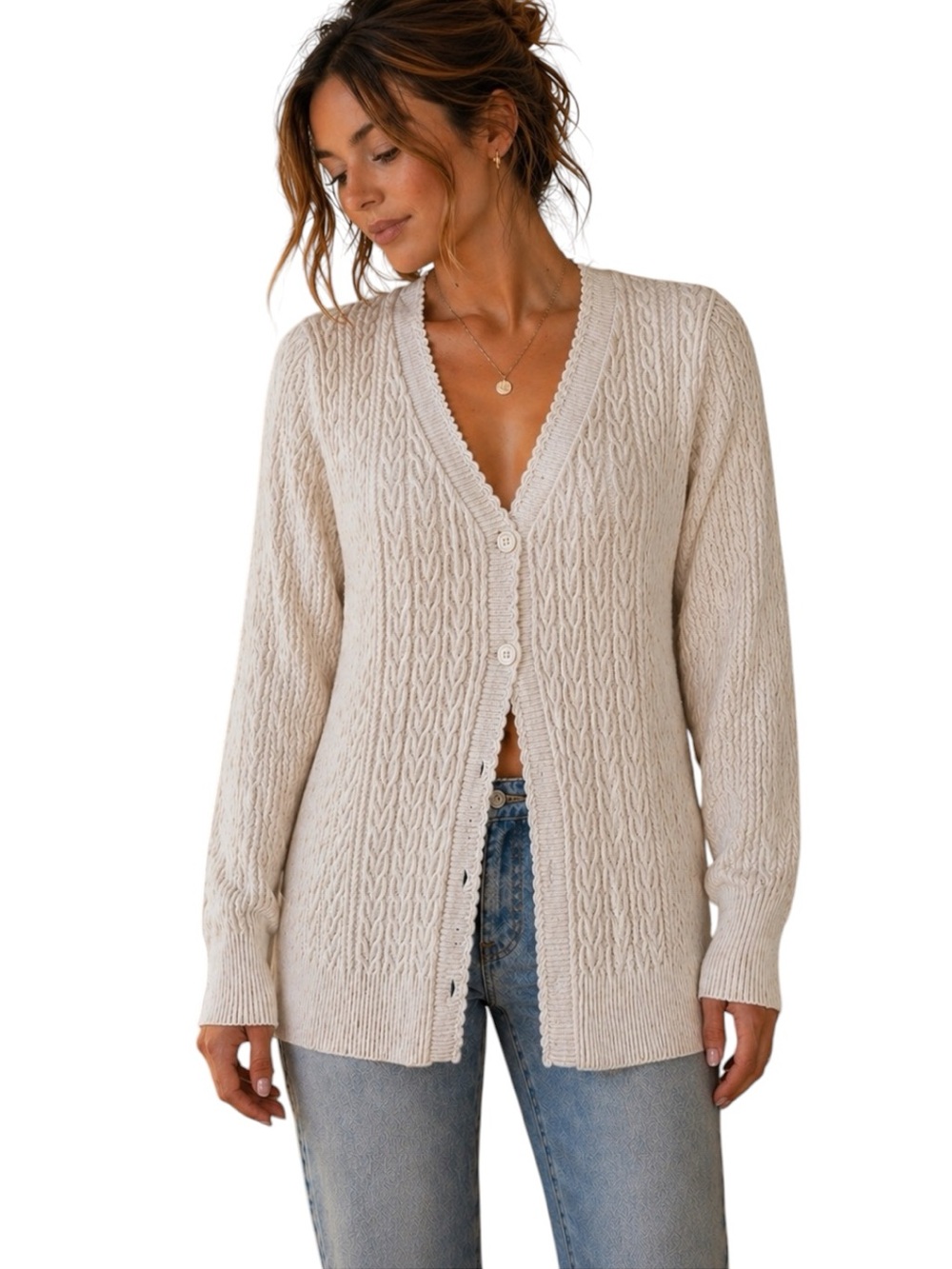 Eddie Bauer Ivory Cable Knit Cardigan | Metallic Gold | Classic Layering Sweater